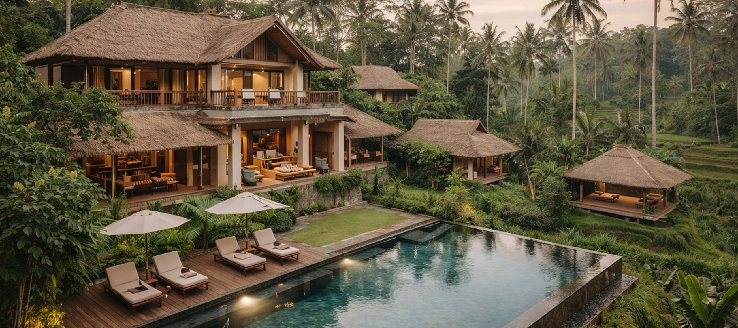 A thatched-roof villa and garden pavilions above terraced rice fields, with a pool and sun loungers in the foreground at dusk